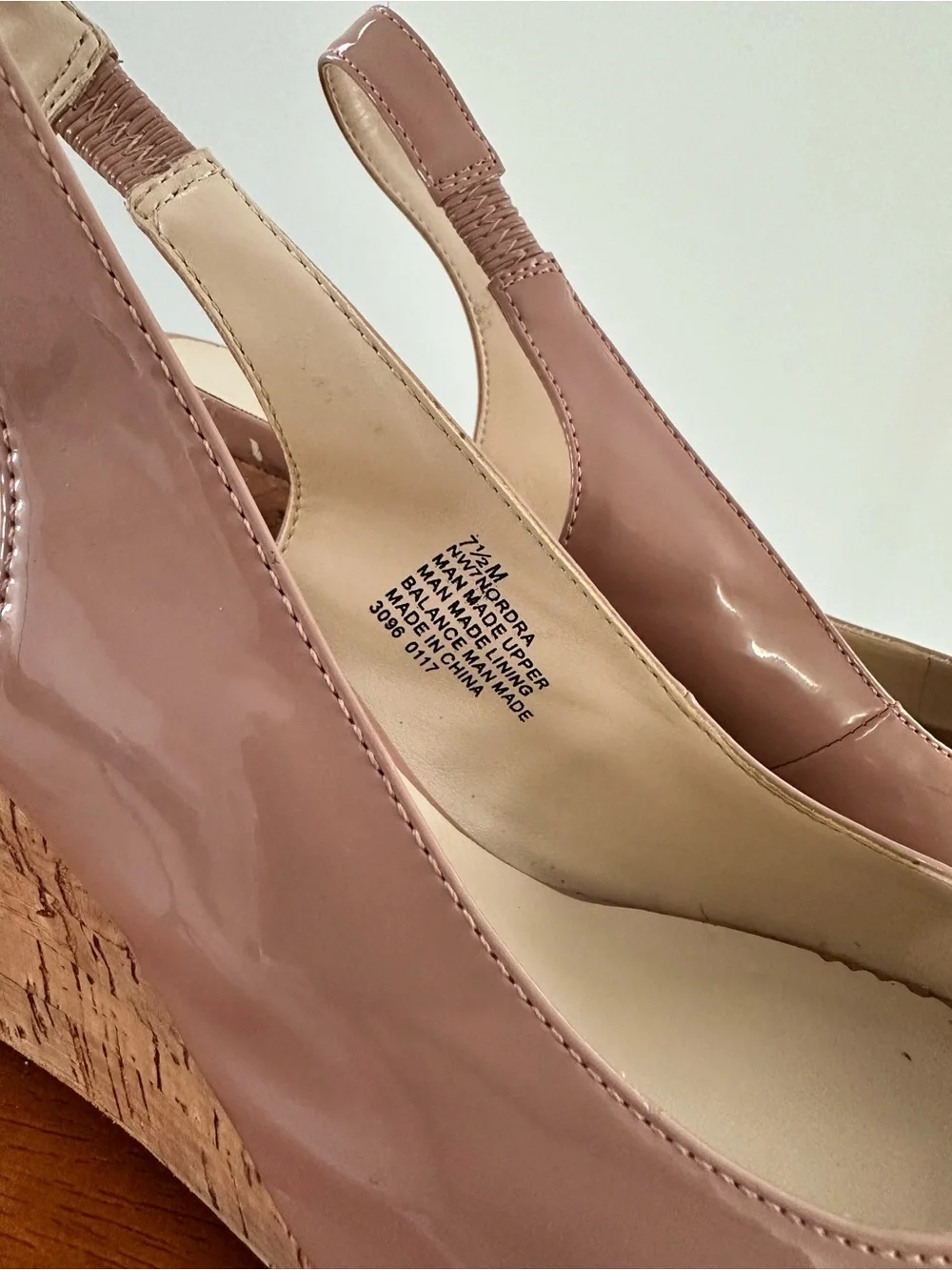 Nine West Patent Peep-Toe Cork Wedges in Dusty Rose